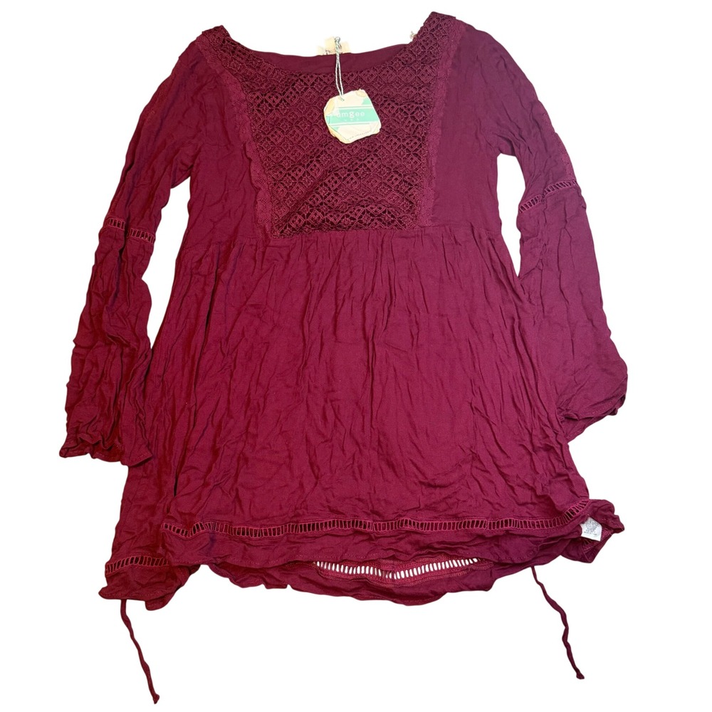 Umgee USA Red Crochet Lace Boho Babydoll Tunic‎ Top Long Sleeve Medium NWT